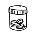 Simple vector doodle style drawing. packing with pills. medical drugs, medicine theme, science. diseases, medicines, ambulance